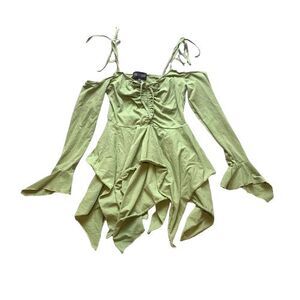 Current Mood Shirt Youth Medium Sage Green Asymmetrical Fairy Boho Spandex Girls